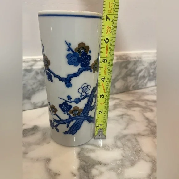 Chinese Porcelain Ceramic Blue White Plum Blossoms Vase Brush Pot 7” T